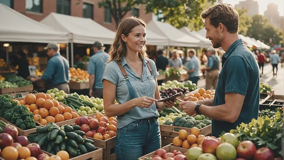 A customer and a professional discuss organic produce at a vibrant farmers market, surrounded by fresh fruits and vegetables.
