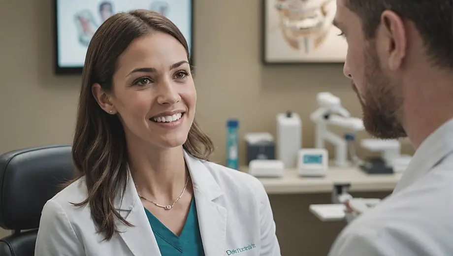 A customer consults with a professional orthodontist on-site, discussing treatment options while examining dental models and braces.