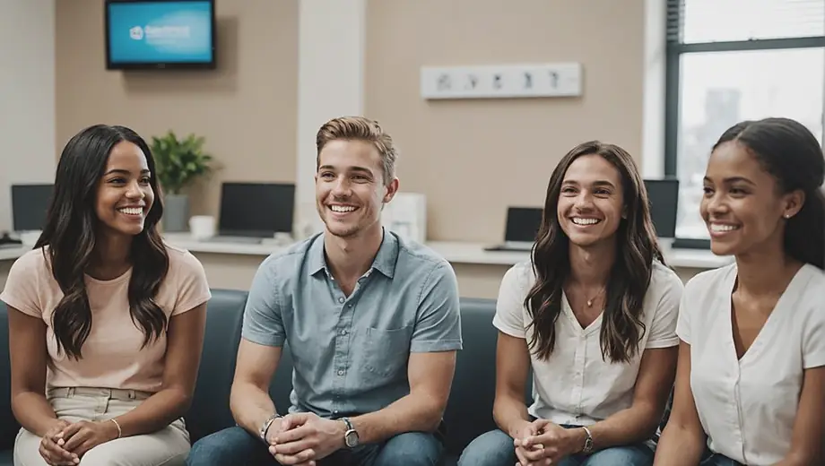 A group of diverse individuals smiles while sitting in an orthodontist's office, showcasing their braces and clear aligners during a consultation.