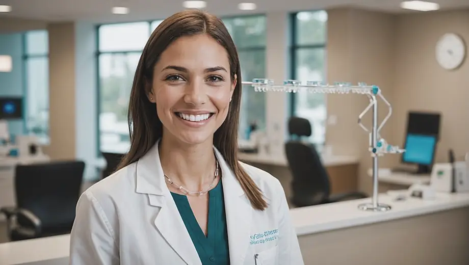 A braces provider stands confidently in a modern dental office, smiling while holding a set of clear aligners, ready to assist patients in achieving their perfect smiles.