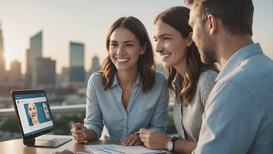 A customer consults with a professional on site about their Invisalign treatment, discussing options while examining a digital model of their teeth.
