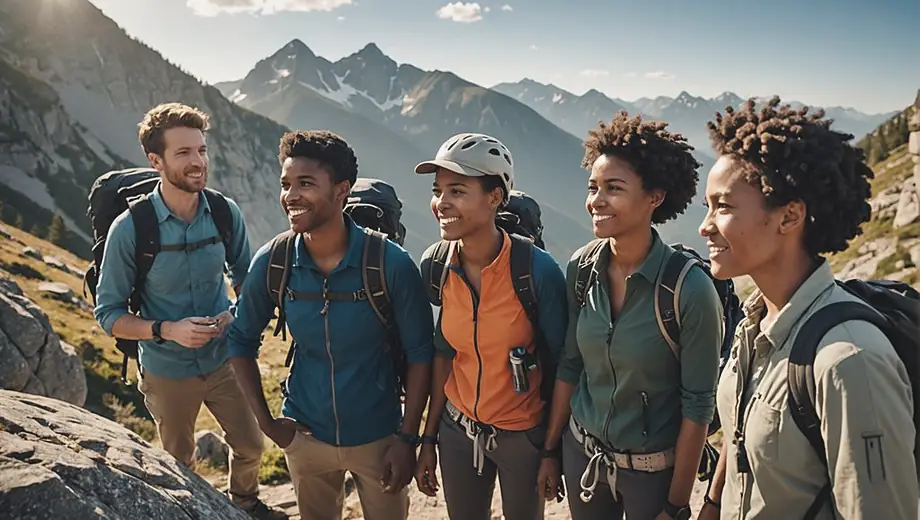 A diverse group of friends enjoying a thrilling day of hiking and rock climbing, organized by an outdoor adventure company, surrounded by stunning mountain scenery.
