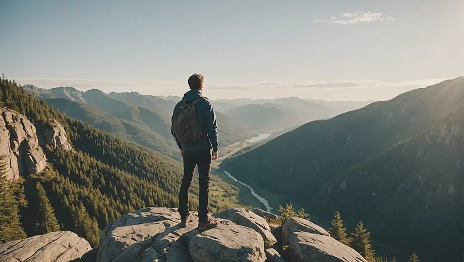 A solo traveler stands on a rocky cliff, gazing out at a breathtaking landscape during an adventure tour, with mountains and forests stretching into the distance.