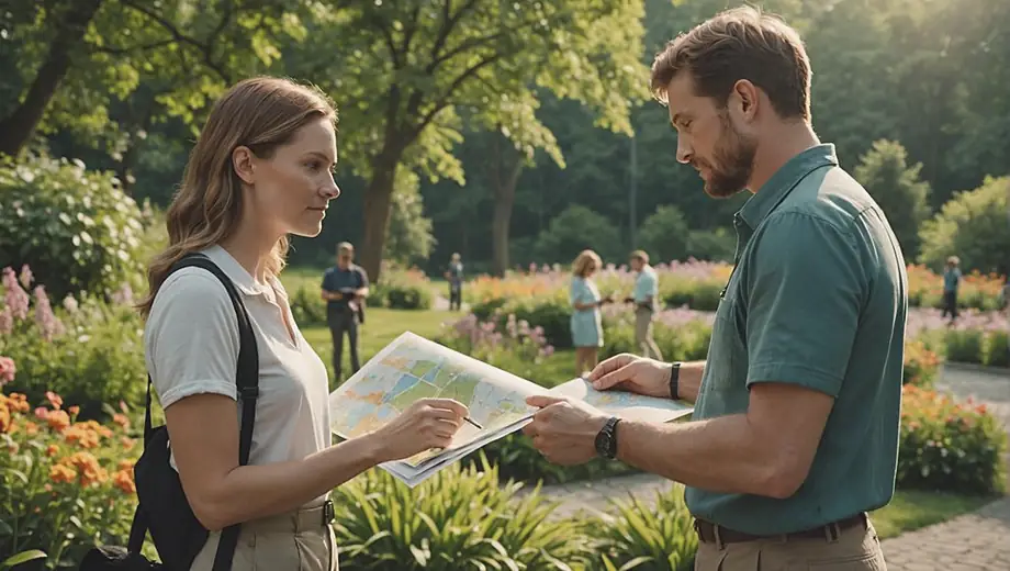 A customer and a professional discuss outdoor activities at a scenic park, surrounded by lush greenery and vibrant flowers. The professional points towards a hiking trail, while the customer listens attentively, holding a map in hand.