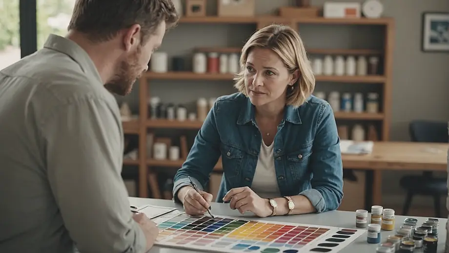 A customer discusses paint options with a professional on site, examining color samples and textures under natural light.