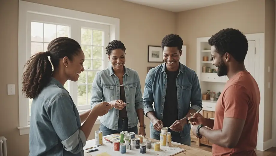 A diverse group of people collaborating on a home painting service, carefully applying fresh paint to walls while smiling and discussing color choices.