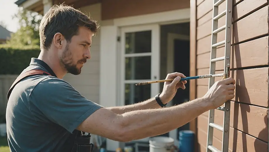 A person carefully painting the exterior of a house, wearing a safety harness and holding a paintbrush, surrounded by ladders and paint supplies.