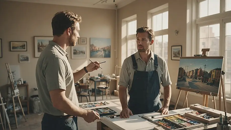A customer discusses project details with a professional painter on site, surrounded by freshly painted walls and painting equipment, showcasing a commercial painting project in progress.