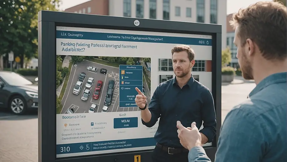 A customer discusses parking management solutions with a professional on-site, examining a digital display board that shows real-time parking availability.