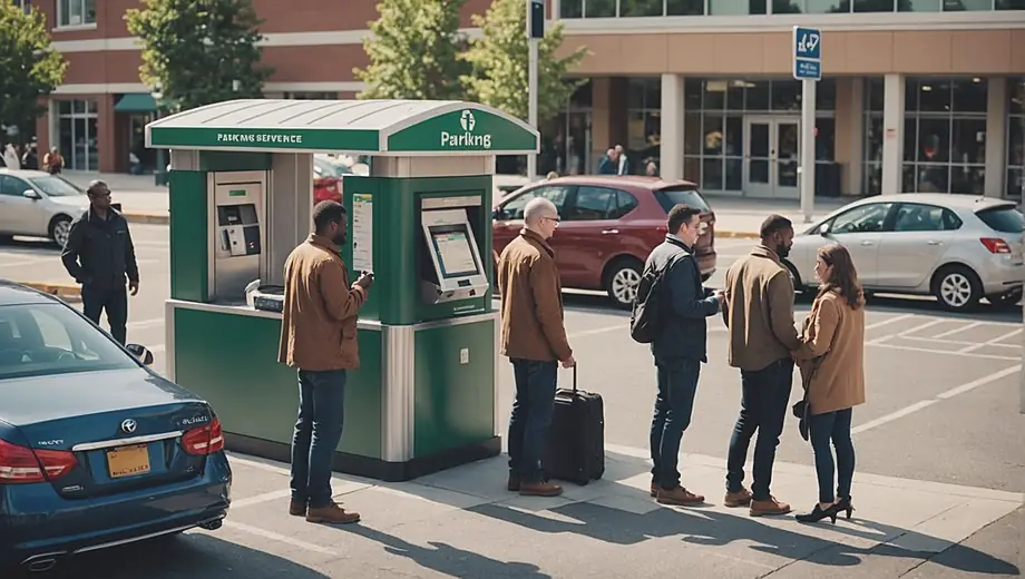 A diverse group of people happily interacting with a parking service kiosk, while others are seen loading their vehicles with luggage nearby.