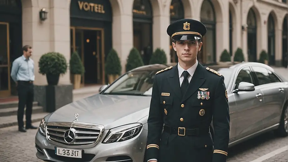 A person in a uniform stands beside a luxury car, ready to assist with valet service at a busy hotel entrance.