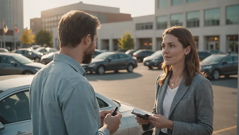 A customer discusses parking options with a professional at a well-maintained parking facility, showcasing clear signage and ample space for vehicles.