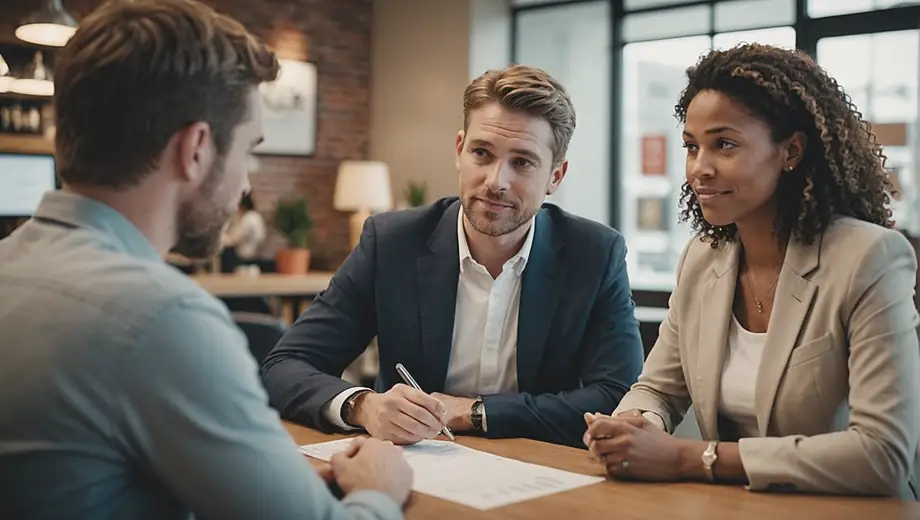A customer and a professional discuss financial options on site, highlighting the importance of payday planning and budgeting.