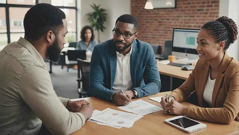 A diverse group of individuals discussing options with a payday loan provider at a small office, showcasing a supportive environment for financial assistance.
