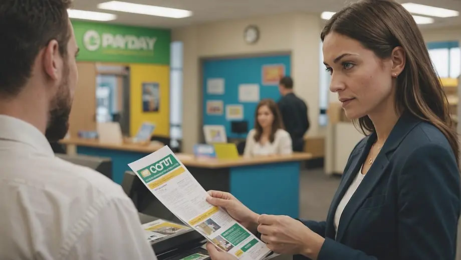 A person stands at a payday lending office, looking at informational brochures about short-term loans and financial options.
