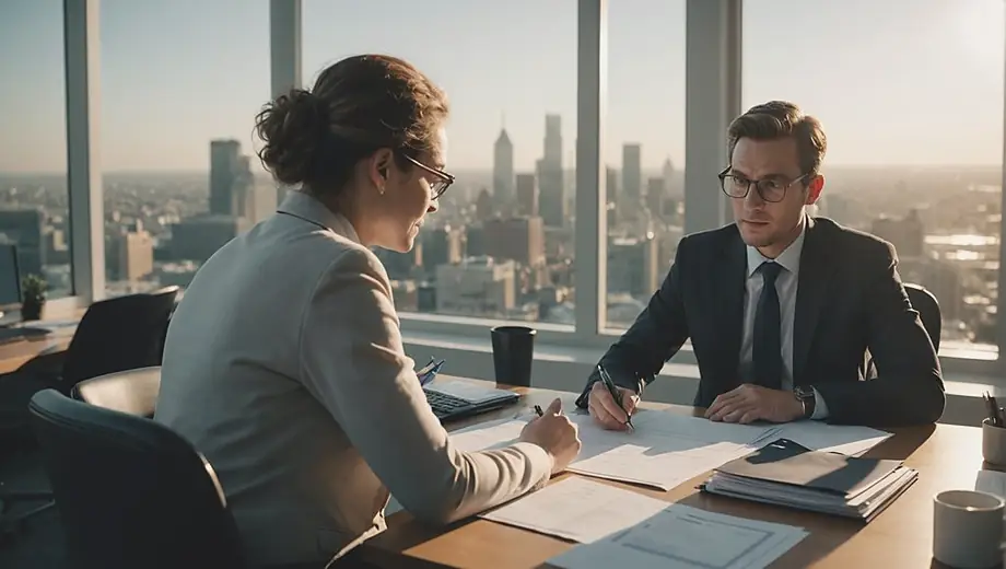 A customer discussing options with a professional at a desk, reviewing documents for a quick loan service in a bright, welcoming office environment.