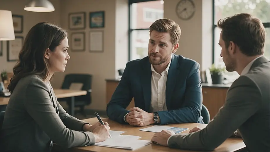 A customer discusses options with a professional on site regarding a Payday Loan, both engaged in a focused conversation at a desk.