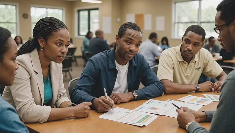 A diverse group of individuals discussing payday lending options at a community financial workshop, with informational brochures and calculators on the table.