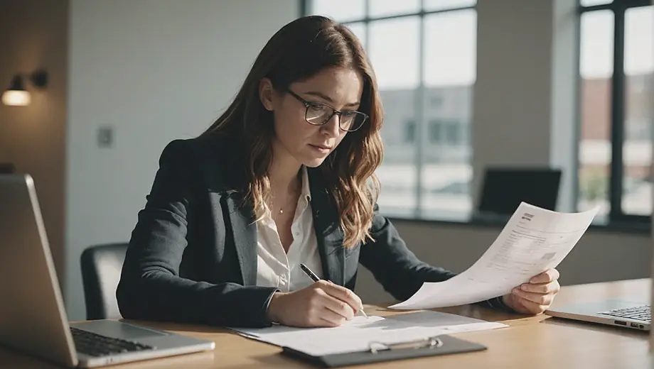 A person sits at a desk with a laptop, reviewing documents related to a quick loan application in a bright, modern office space.
