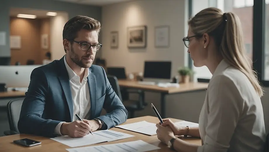 A customer and a professional discuss payroll details at a modern office, with documents and a laptop open on the table.