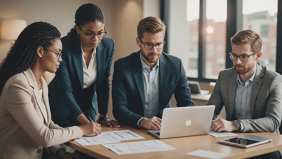 A diverse group of professionals gathered around a laptop, discussing a payroll service while reviewing documents and analyzing data.