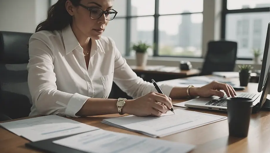 A professional reviewing payroll management documents at a desk in a modern office setting.