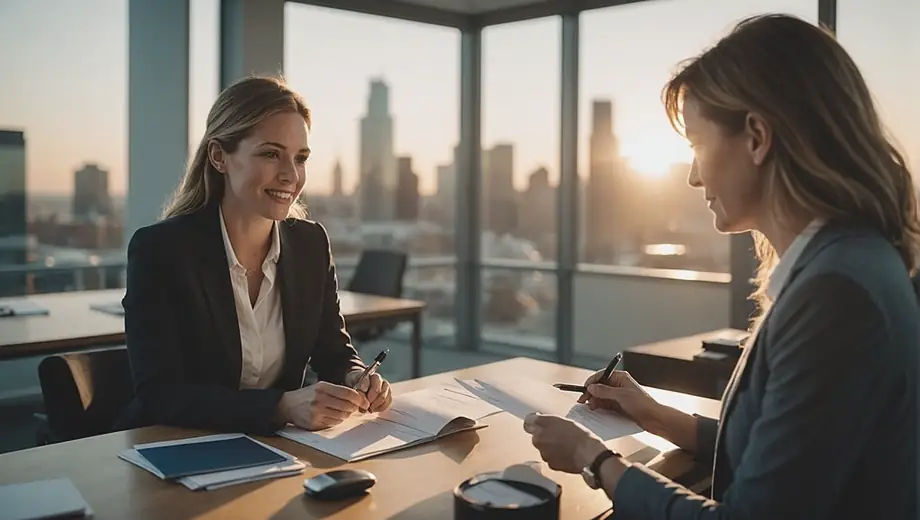 A customer discusses payroll solutions with a professional from a payroll provider at a modern office, highlighting a collaborative atmosphere.