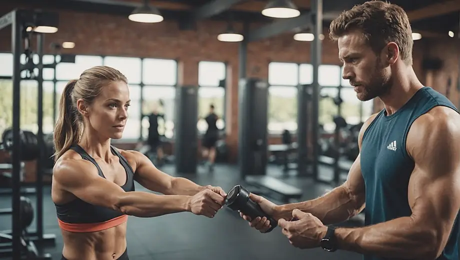A customer engages in a personal training session with a professional on-site, focusing on fitness techniques and motivation in a well-equipped gym environment.