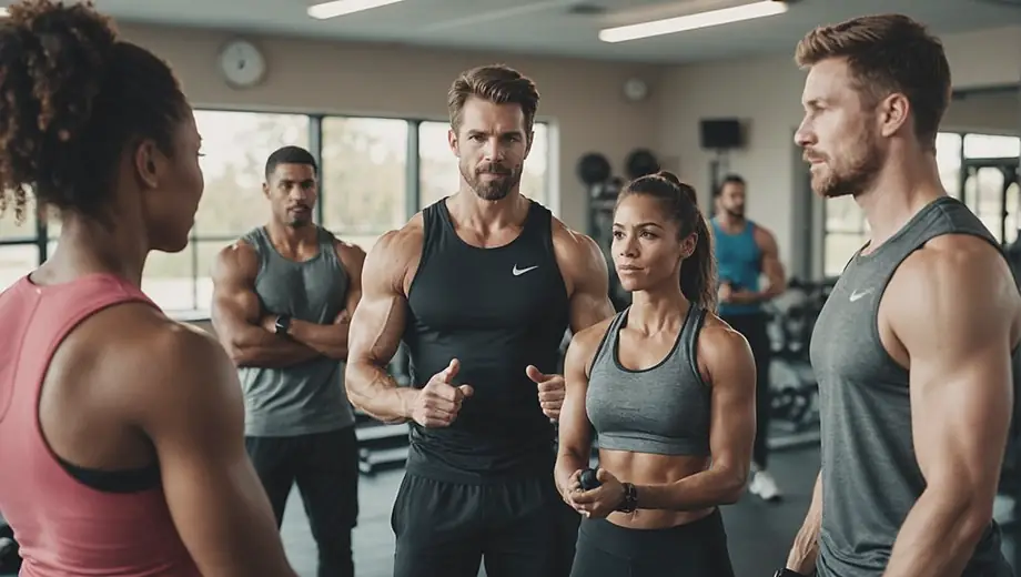 A personal trainer guides a diverse group of individuals in a gym, demonstrating exercises and offering encouragement as they work out together.