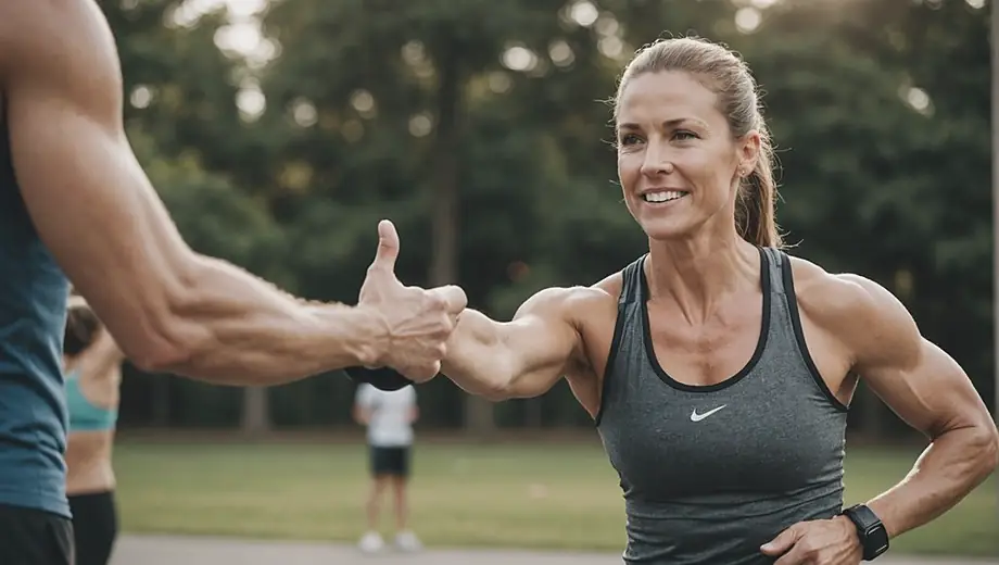 A fitness coach demonstrates a workout routine outdoors, showcasing strength and enthusiasm while engaging with a small group of clients.