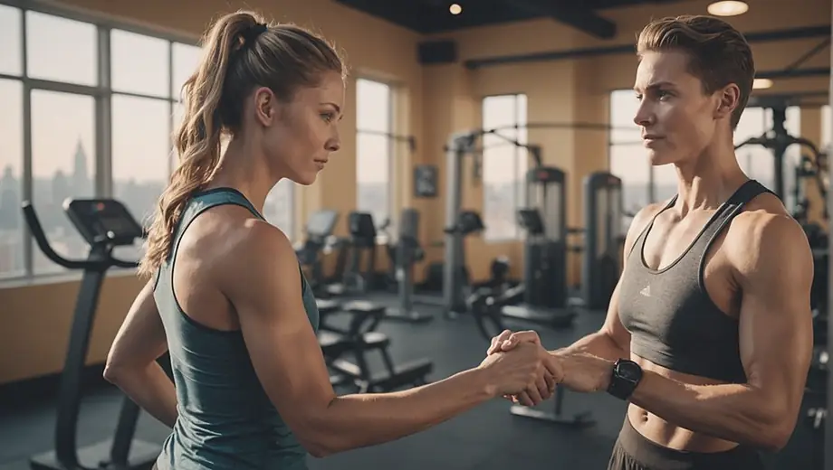 A customer receives personalized training advice from a professional at a fitness studio, surrounded by exercise equipment and motivational posters.