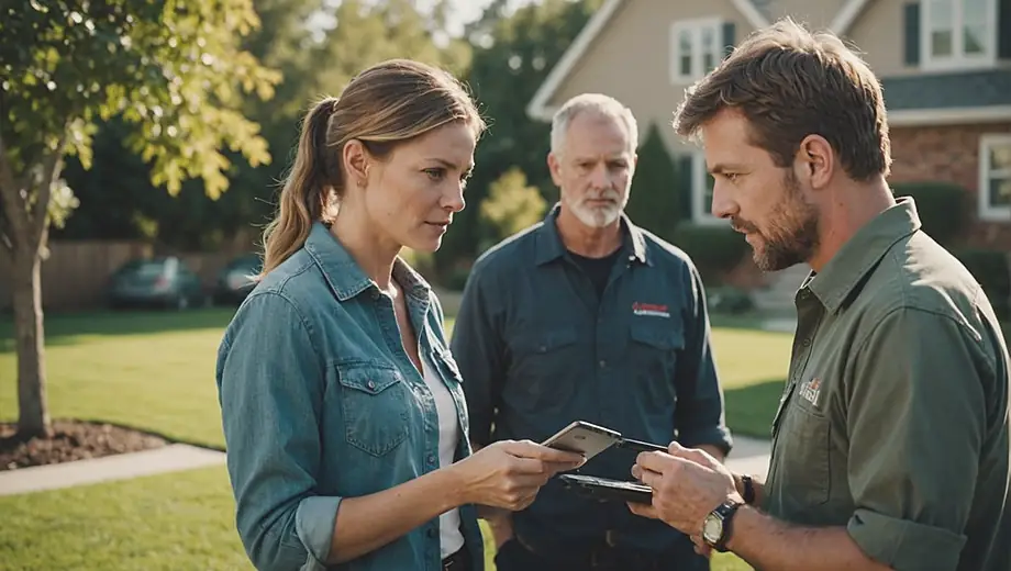 A customer discusses pest control options with a professional on site, examining potential pest issues in a residential yard.