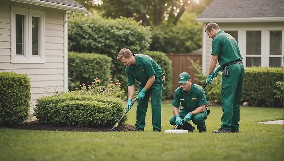 A team of pest control professionals in uniforms applying eco-friendly treatments in a residential backyard while homeowners observe nearby.