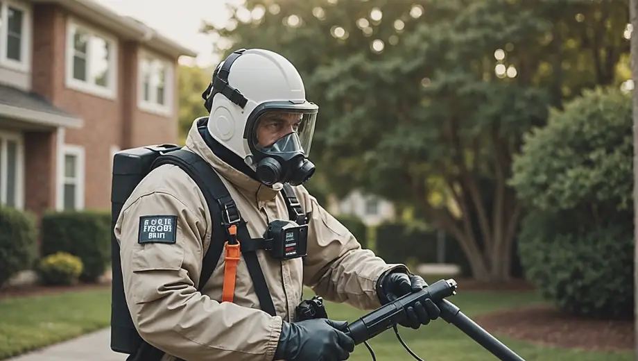 An exterminator in protective gear inspects a residential area for pests, holding equipment and looking focused on the task at hand.