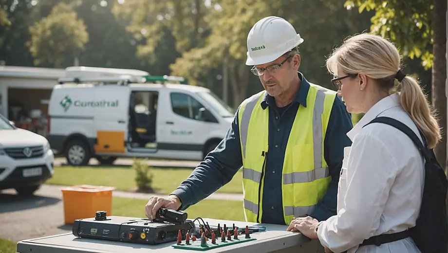 A customer discussing pest control solutions with a professional on site, examining a treatment plan while surrounded by equipment and safety gear.