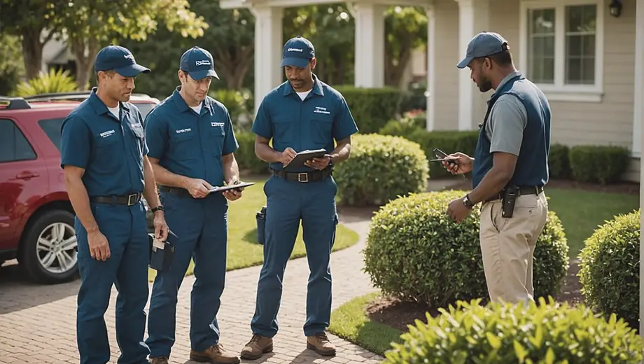A diverse group of professionals from a pest control company is inspecting a residential property, discussing strategies to eliminate pests and ensure a safe environment for the homeowners.