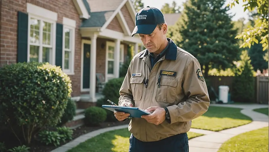 An exterminator in a uniform inspects a residential yard, equipped with tools and a clipboard, looking for signs of pest activity.
