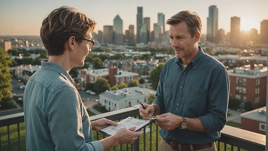 A customer discusses pest management strategies with a professional at a residential property, examining potential pest entry points and treatment options.