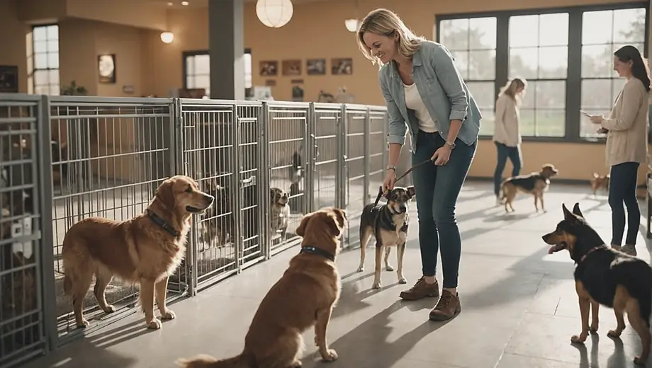 A customer discusses pet boarding options with a professional at a pet care facility, surrounded by happy dogs playing in a safe and clean environment.
