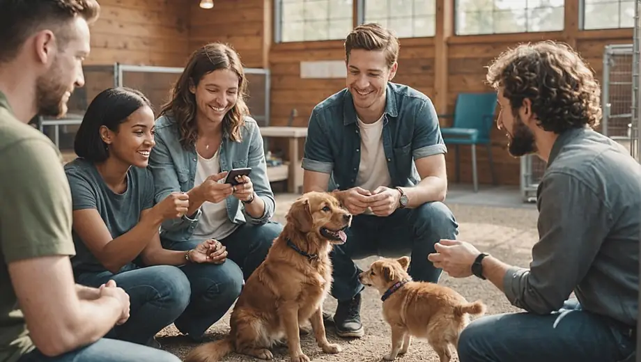 A diverse group of people interacting with their pets at a pet boarding facility, showcasing happy animals in a safe and welcoming environment.