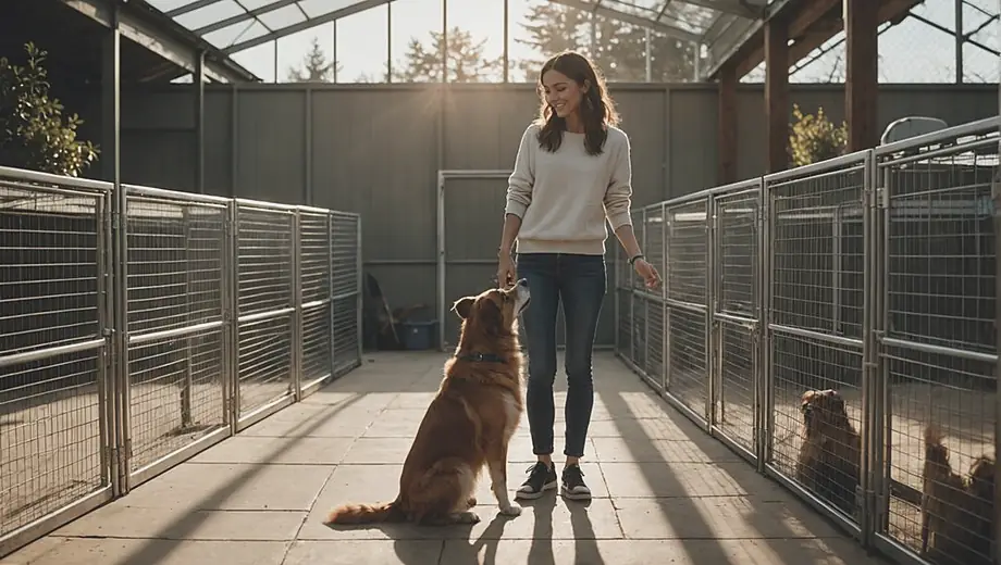A person stands inside a kennel, interacting with a playful dog while surrounded by clean, spacious enclosures.
