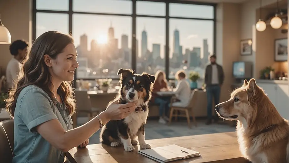 A customer discusses pet care options with a professional at a pet hotel, surrounded by cozy accommodations and happy animals.