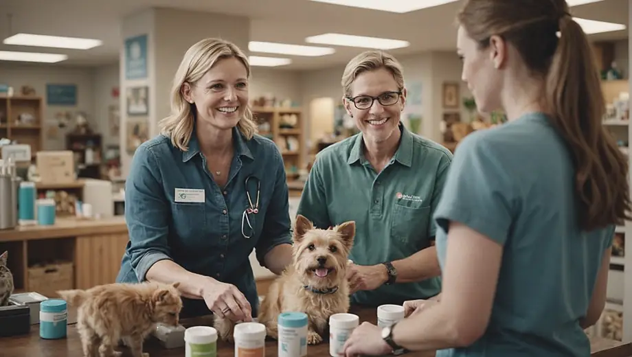 A customer discusses pet care services with a professional on site, surrounded by happy pets and various care supplies.