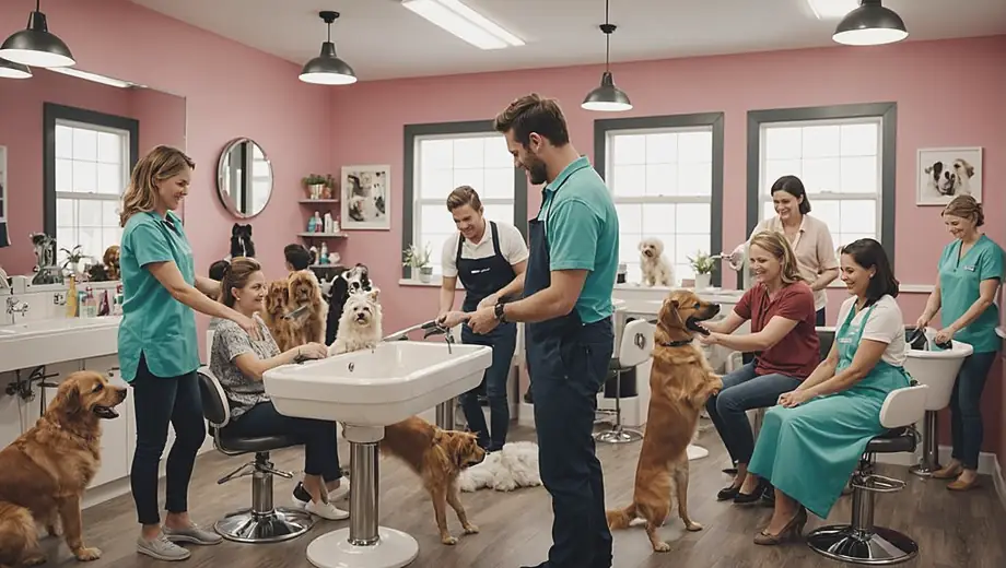 A group of people are gathered at a pet grooming salon, happily washing and styling various dogs and cats, showcasing a vibrant atmosphere filled with playful pets and caring groomers.