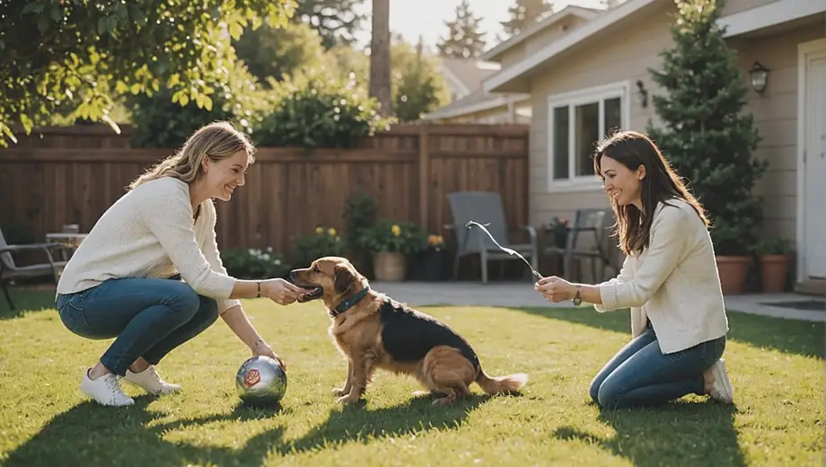 A pet sitter kneels beside a playful dog in a sunny backyard, smiling as they engage in a fun game of fetch.