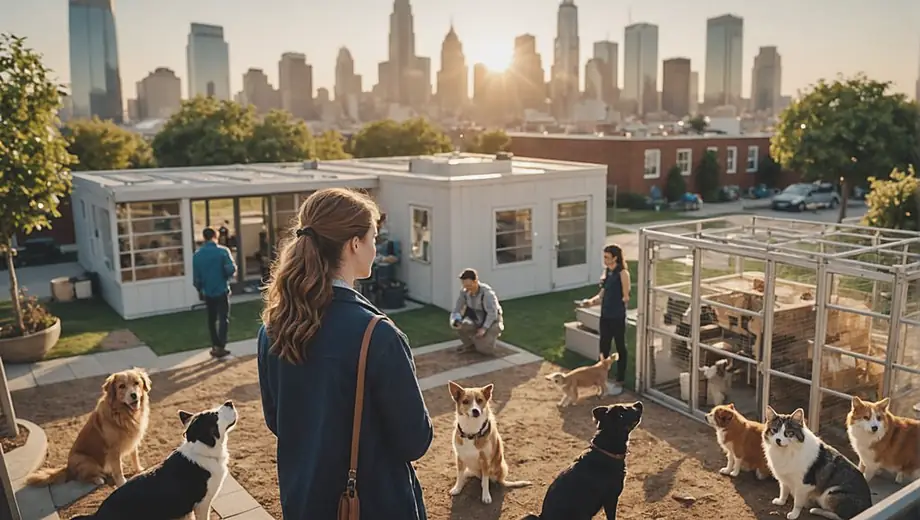 A customer consults with a professional on site, discussing animal care practices while surrounded by various pets in a bright, welcoming environment.