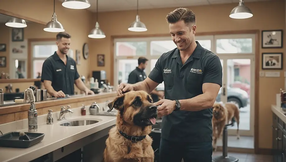 A customer watches attentively as a professional groomer skillfully bathes and trims a dog at a pet grooming salon, surrounded by grooming tools and cheerful decor.