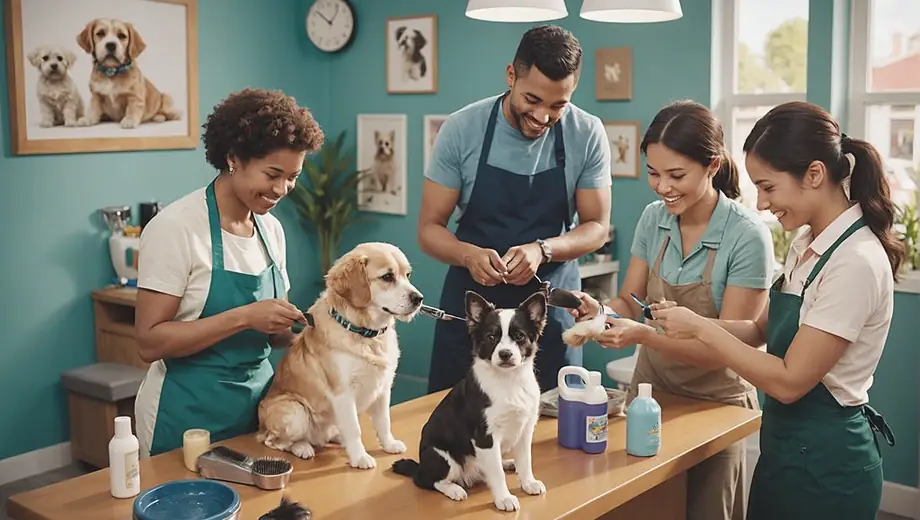 A diverse group of people engaged in pet grooming activities, including brushing a dog, trimming a cat's fur, and bathing a puppy, all in a bright and cheerful grooming salon.