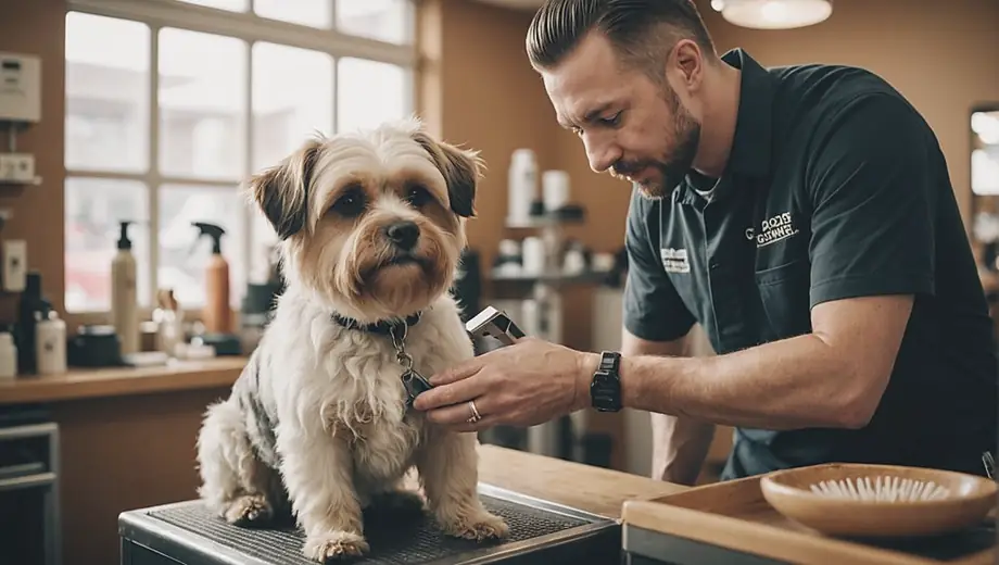 A dog groomer carefully trims the fur of a small dog in a bright, well-equipped grooming salon.