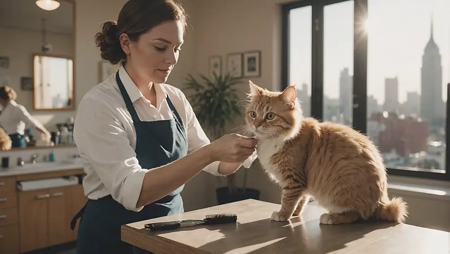 A customer watches attentively as a professional groomer carefully brushes a fluffy cat during a grooming session at a pet salon.